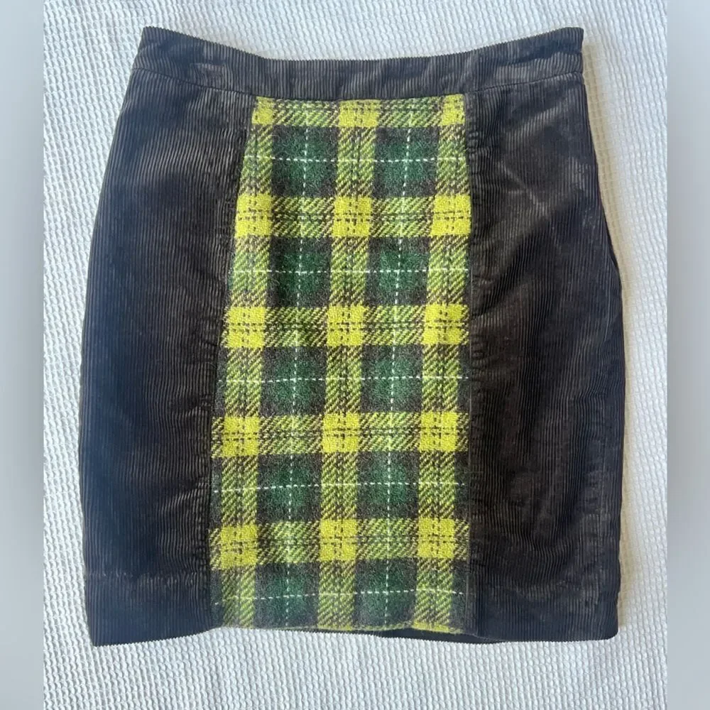 MAEVE Anthropologie Corduroy Plaid Wool Blend Pencil Skirt Brown sz 8